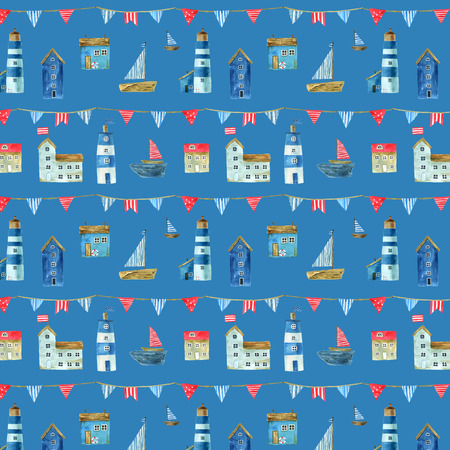 Seamless pattern with nautical theme, cute houses, lighthouses and boats for your design. For fabric, scrapbooking, wrapping paper and more.の写真素材