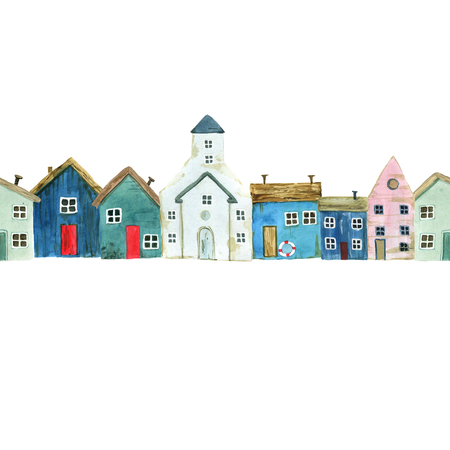 Seamless pattern with nautical theme, cute houses, lighthouses and boats for your design. For fabric, scrapbooking, wrapping paper and more.の写真素材