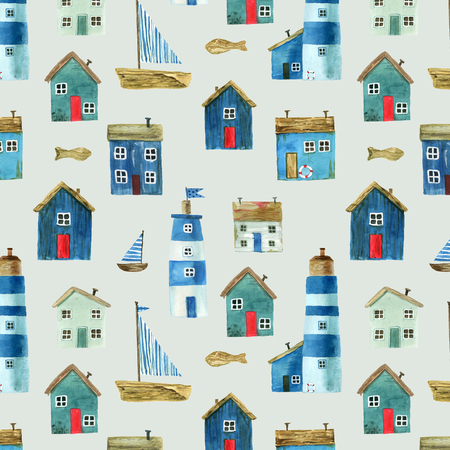 Seamless pattern with nautical theme, cute houses, lighthouses and boats for your design. For fabric, scrapbooking, wrapping paper and more.の写真素材