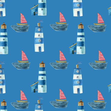 Seamless pattern with nautical theme, cute houses, lighthouses and boats for your design. For fabric, scrapbooking, wrapping paper and more.の写真素材