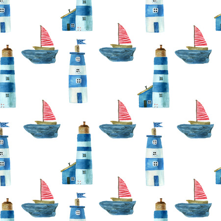 Seamless pattern with nautical theme, cute houses, lighthouses and boats for your design. For fabric, scrapbooking, wrapping paper and more.の写真素材