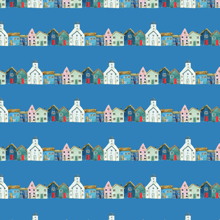 Seamless pattern with nautical theme, cute houses, lighthouses and boats for your design. For fabric, scrapbooking, wrapping paper and more.の写真素材