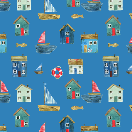 Seamless pattern with nautical theme, cute houses, lighthouses and boats for your design. For fabric, scrapbooking, wrapping paper and more.の写真素材