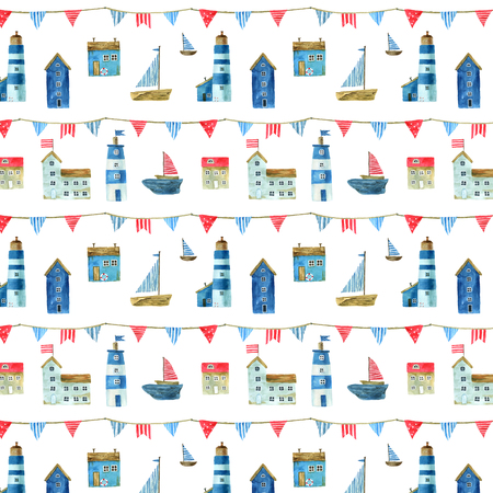 Seamless pattern with nautical theme, cute houses, lighthouses and boats for your design. For fabric, scrapbooking, wrapping paper and more.の写真素材