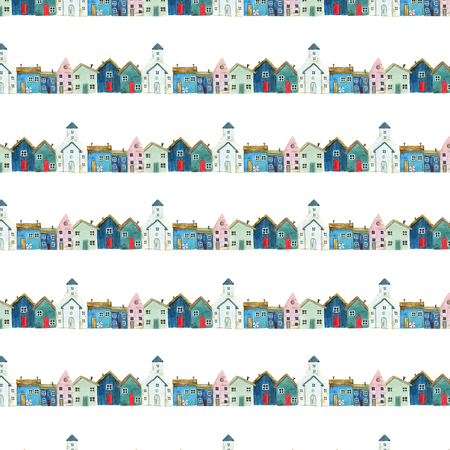 Seamless pattern with nautical theme, cute houses, lighthouses and boats for your design. For fabric, scrapbooking, wrapping paper and more.の写真素材