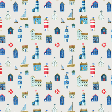 Seamless pattern with nautical theme, cute houses, lighthouses and boats for your design. For fabric, scrapbooking, wrapping paper and more.の写真素材
