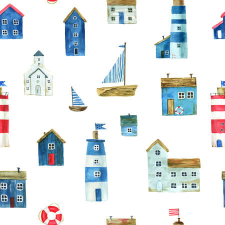 Seamless pattern with nautical theme, cute houses, lighthouses and boats for your design. For fabric, scrapbooking, wrapping paper and more.の写真素材