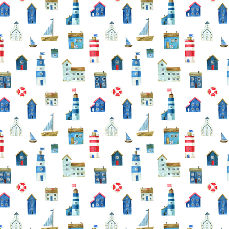 Seamless pattern with nautical theme, cute houses, lighthouses and boats for your design. For fabric, scrapbooking, wrapping paper and more.の写真素材