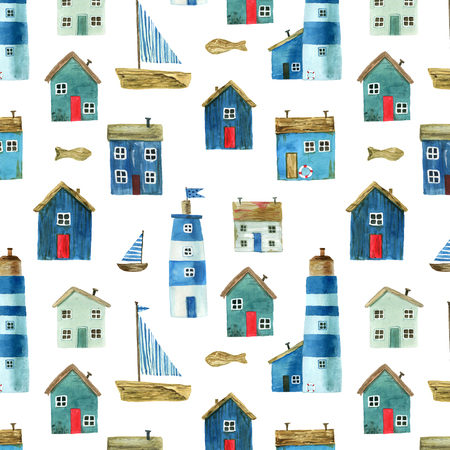 Seamless pattern with nautical theme, cute houses, lighthouses and boats for your design. For fabric, scrapbooking, wrapping paper and more.の写真素材