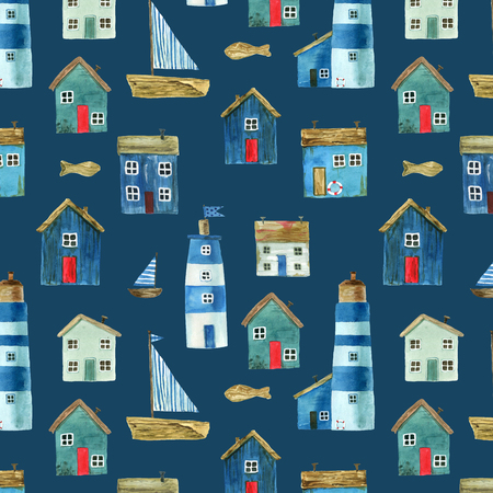Seamless pattern with nautical theme, cute houses, lighthouses and boats for your design. For fabric, scrapbooking, wrapping paper and more.の写真素材