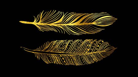 Gold feathers painted with ink. For your invitation, save the date, cards, cards, fabric, paper and otherの写真素材