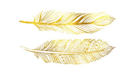 Gold feathers painted with ink. For your invitation, save the date, cards, cards, fabric, paper and otherの写真素材