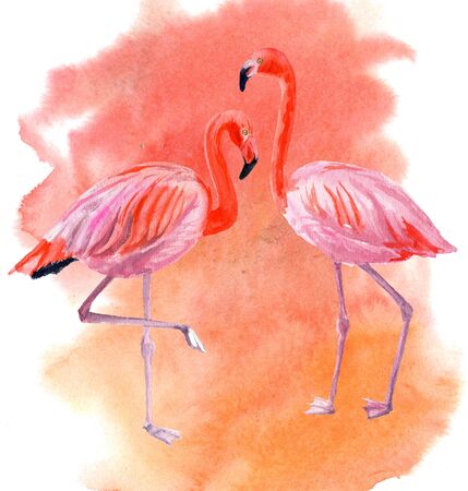 Card with illustration of elegant pink flamingos on blurred watercolor backgroundの写真素材