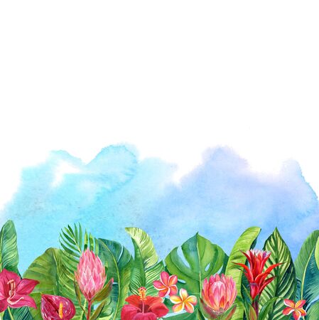card with watercolor illustration of tropical flowers and leaves isolated on blue backgroundの写真素材