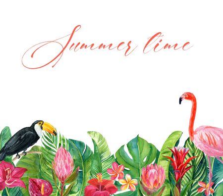 Watercolor illustration of beautiful pink flamingo with toucan among tropical flowers and leaves isolated on white background, summer time conceptの写真素材