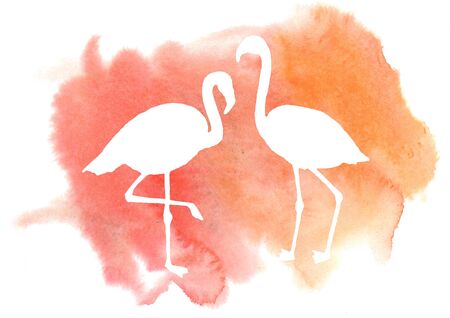 Card with silhouettes of elegant pink flamingos on blurred watercolor backgroundの写真素材
