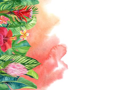 card with watercolor illustration of tropical flowers and leaves isolated on white backgroundの写真素材