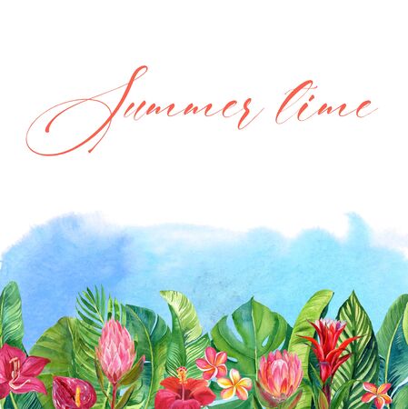 card with illustration of tropical flowers and leaves on blue blurred watercolor background, summer time conceptの写真素材