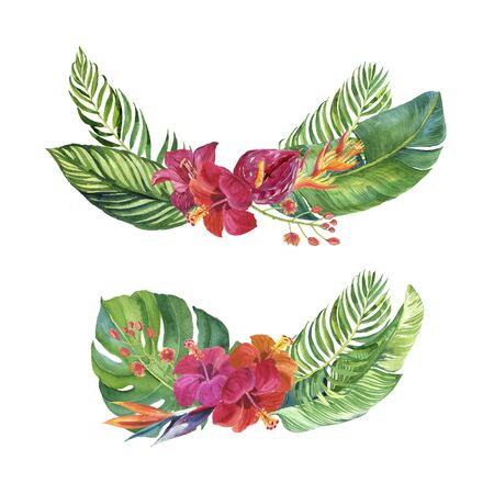 collection of decorative borders of watercolor tropical flowers and leaves isolated on white backgroundの写真素材