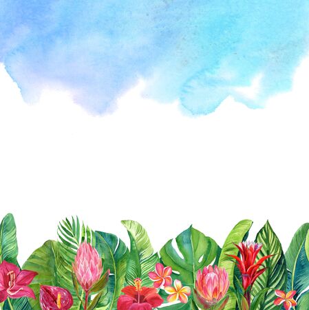 card with watercolor illustration of tropical flowers and leaves isolated on blue backgroundの写真素材