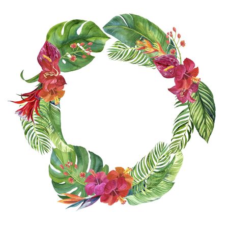 watercolor floral wreath of exotic flowers and leaves isolated on white backgroundの写真素材