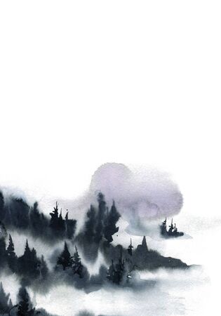 Watercolor background with fir trees, pine, abstract nature background. Gray watercolor stain, hand-drawn. Card with watercolor blots. Forest templateの写真素材