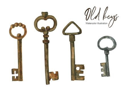 Old keys. Watercolor illustration, set of elements.の写真素材