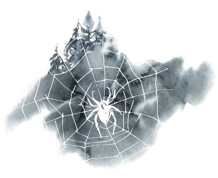 Watercolor abstract background and cobweb. Background for halloween invitations. Gray stain hand-drawn.の写真素材