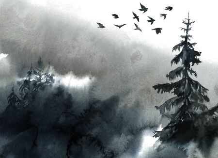 Watercolor landscape, forest and fog.の写真素材