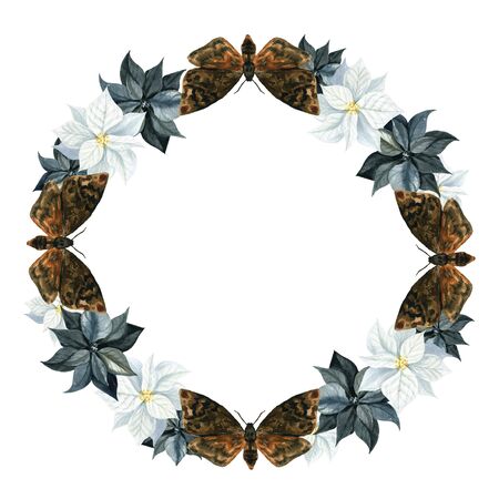 Wreath for halloween isolated on a white background. Watercolor illustration with skull and flowers. Suitable for cards, invitations, holidays, etc.の写真素材