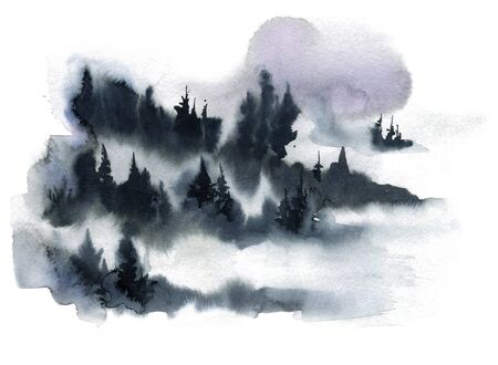 Watercolor background with fir trees, pine, abstract nature background. Gray watercolor stain, hand-drawn. Card with watercolor blots. Forest templateの写真素材