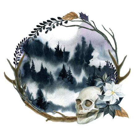 Wreath for halloween isolated on a white background. Watercolor illustration with skull and flowers. Suitable for cards, invitations, holidays, etc.の写真素材