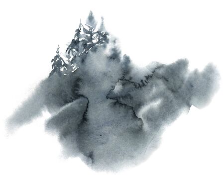 Watercolor background with fir trees, pine, abstract nature background. Gray watercolor stain, hand-drawn. Card with watercolor blots. Forest templateの写真素材