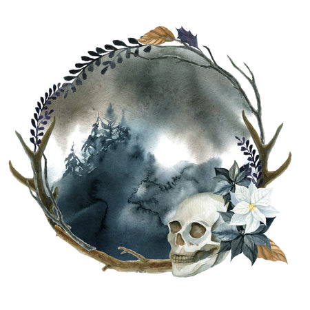 Wreath for halloween isolated on a white background. Watercolor illustration with skull and flowers....