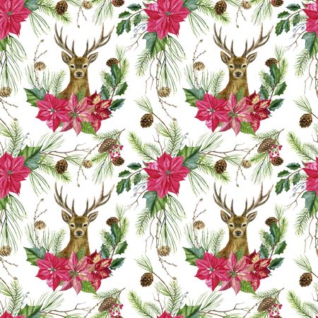 Christmas pattern with cute deer and poinsettia. Seamless pattern with watercolor illustrations. Suitable for creating invitations, cards, albums, digital scrapbooking, fabric and more.の写真素材