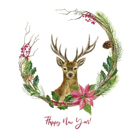 Ready-made greeting card Merry Christmas and Happy New Year! A wreath with a cute deer. Watercolor hand illustration.の写真素材