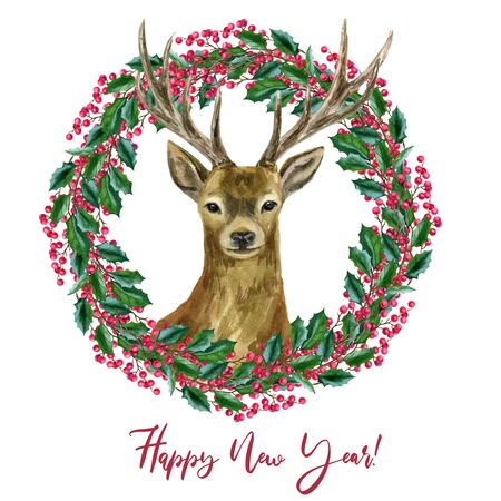 Ready-made greeting card Merry Christmas and Happy New Year! A wreath with a cute deer. Watercolor hand illustration.の写真素材