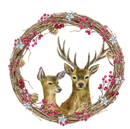 Ready-made greeting card Merry Christmas and Happy New Year! A wreath with a cute deer. Watercolor hand illustration.の写真素材