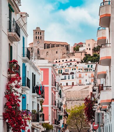 old street and cathedral in Ibiza town, Spainのeditorial素材