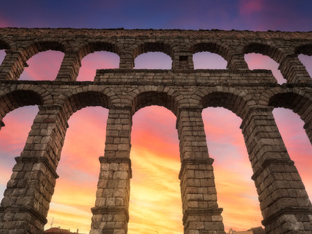 Beautiful red winter sunset at the Roman aqueduct of Segovia, Castilla Leon, Spain, Europeの写真素材
