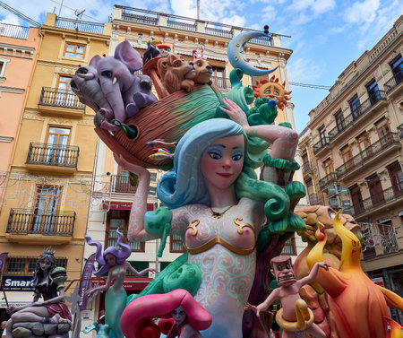 Valencia, Spain, August 31, 2021. Valencia Fallas Festival. Falla of the Plaza de la Merced in the...