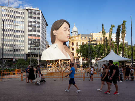 Valencia, Spain, August 31, 2021. Valencia Fallas Festival. City council falla, called, the meditator. day of the assembly of the sculptures called plantÃ¡. Many people visit the place.のeditorial素材