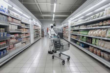 Supermarket isolate with a trolley and a woman wearing a maskの素材