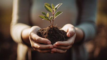 Closeup of woman hands holding green sprout in soil. Environment protection conceptの素材