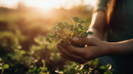 Close up of young woman hands holding soil with plant growing in the gardenの素材