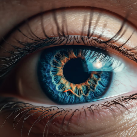close-up of the details of a beautiful blue and orange eye.の素材
