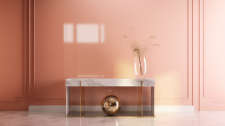3d rendering of a modern bathroom with pink walls and a golden bathtubの素材