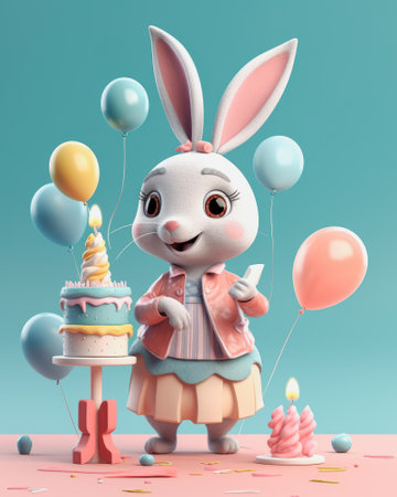 Cute Easter bunny with cake and balloons. 3d illustration.の素材