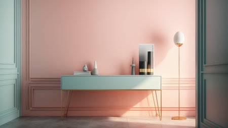 Interior of modern entrance with metal console with pink walls, tiled floor, white bathtub and mirror. 3dの素材