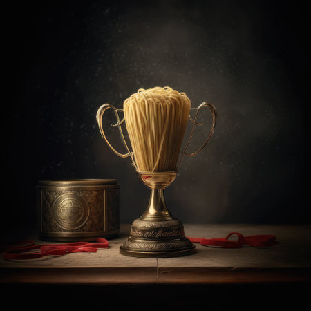 Golden trophy with a lot of golden noodles on a dark background.の素材